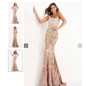 Jovani Silver Cafe Embellished one shoulder gown